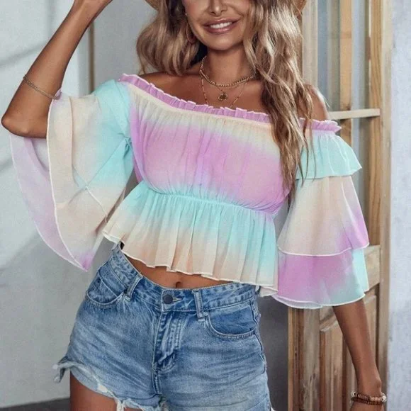 Off Shoulder Frill Trim Layered Sleeve Peplum Crop Ombre Blouse - Picture 5 of 7